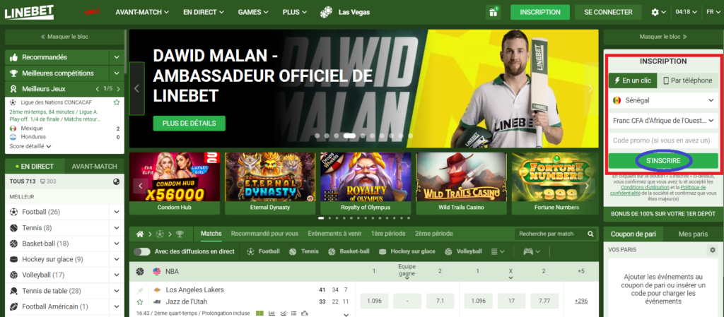 Interface du site Web LineBet