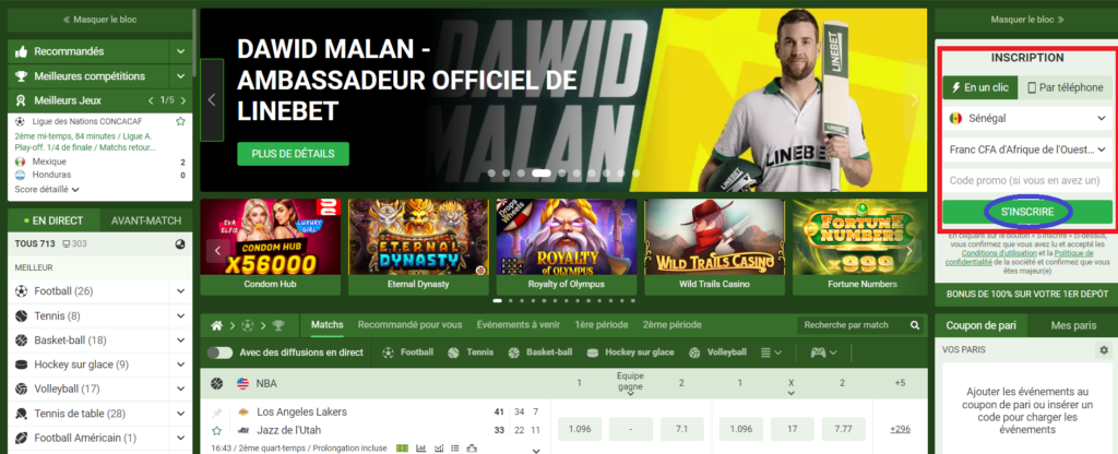 Interface du site Web LineBet