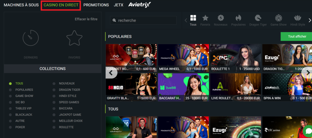 Assortiment de jeux chez le bookmaker LineBet