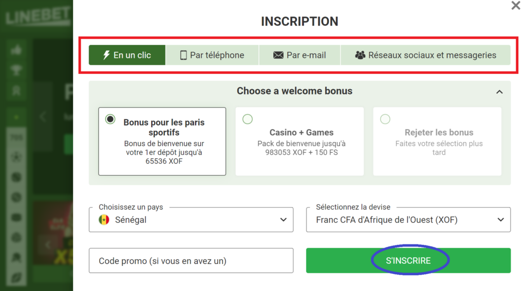 Options de LineBet inscription