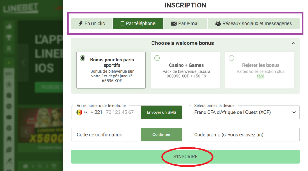 Processus d'inscription sur le site LineBet